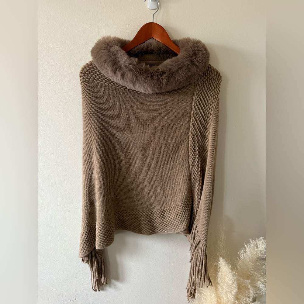 Taupe Knit Poncho with Faux-Fur Collar